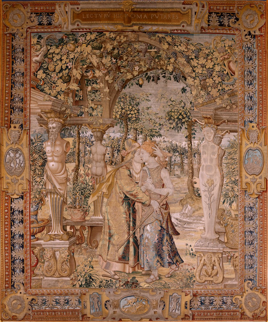 Flämischer Wandteppich. Serie Vertumnus und Pomona. Vertumnus küsst Pomona. Siebter Wandteppich der Serie. Modell Kreis von Pieter Coecke van Aelst. Herstellung Wilhelm Pannemaker, Brüssel. Ca. 1545-1550 von Pieter (circle of) Coecke van Aelst
