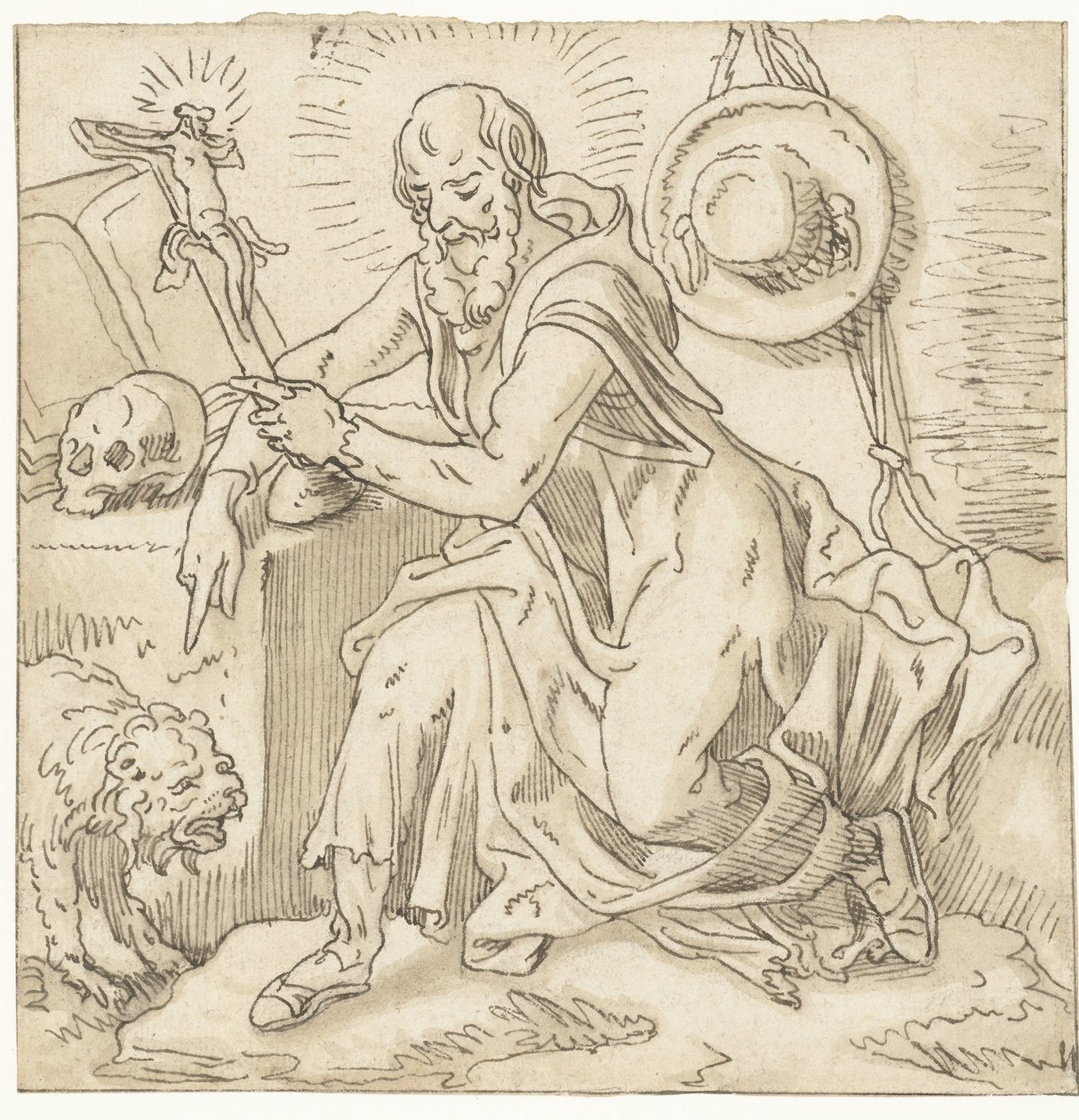 Heiliger Hieronymus, sitzend bei einem Kruzifix, Buch und Schädel von Pieter Aertsen (workshop of)