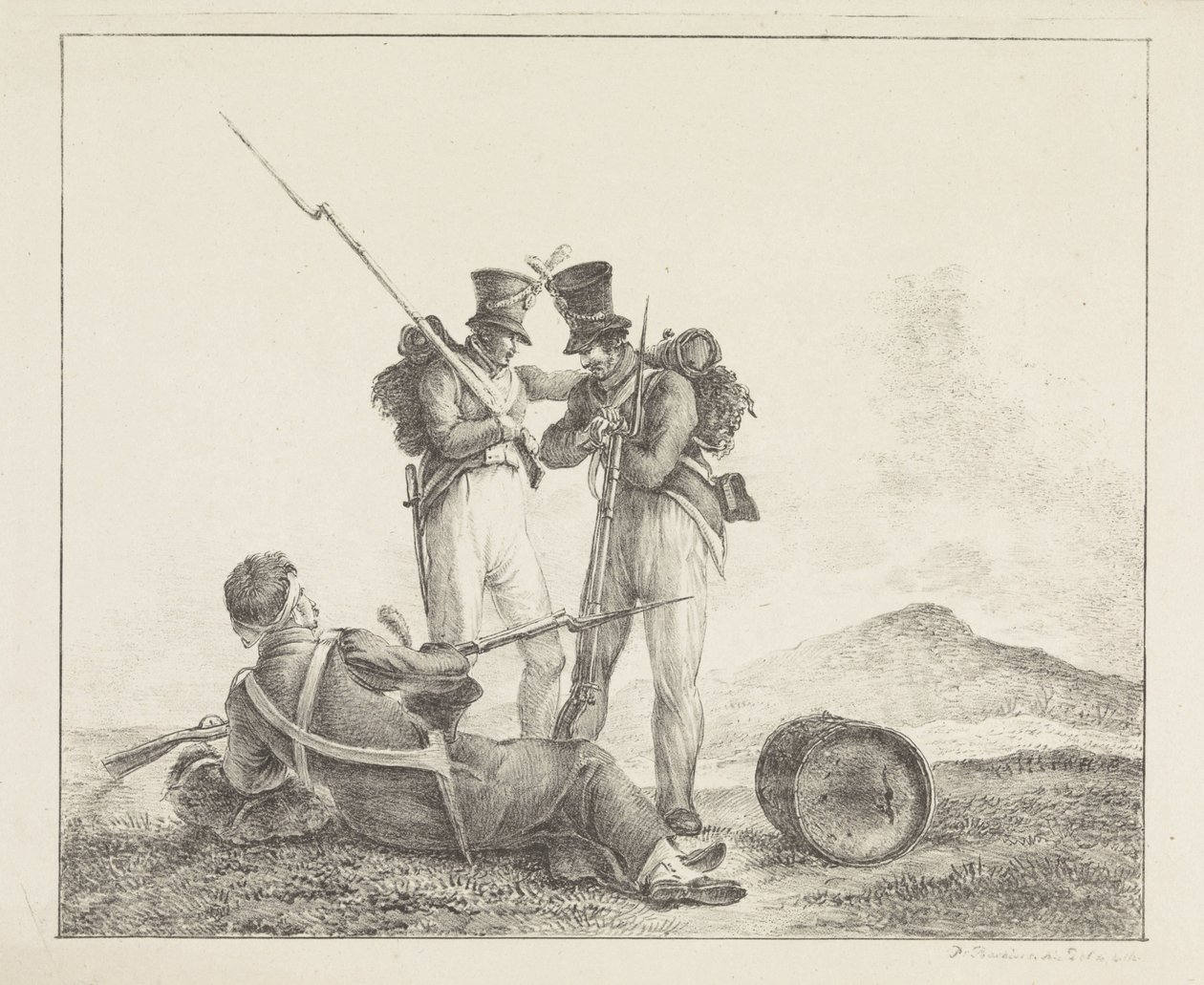 Drei Soldaten auf dem Schlachtfeld von Pieter Bartholomeusz. Barbiers