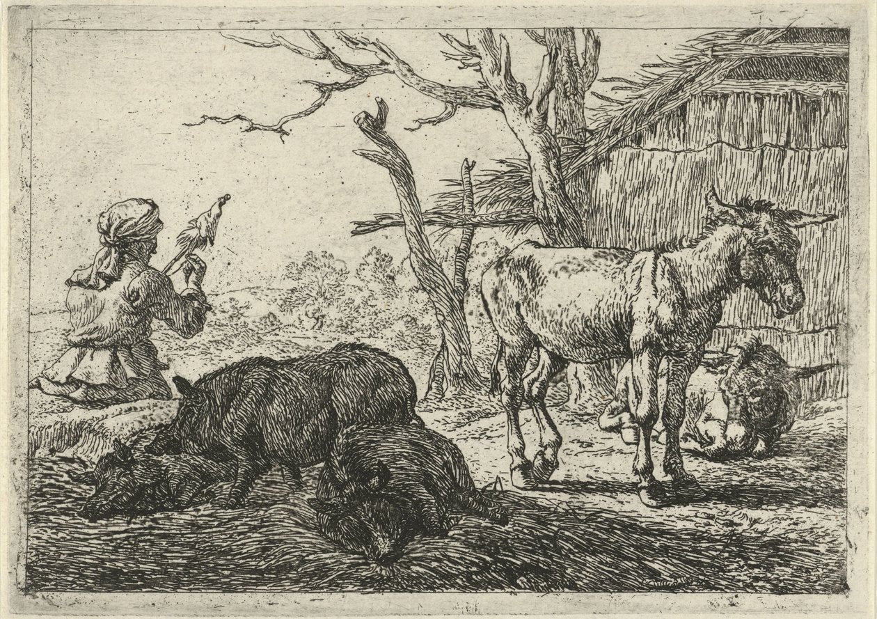 Spinnende Frau, Schweine und Esel (Verschiedene Tiere) von Pieter Bodding van Laer