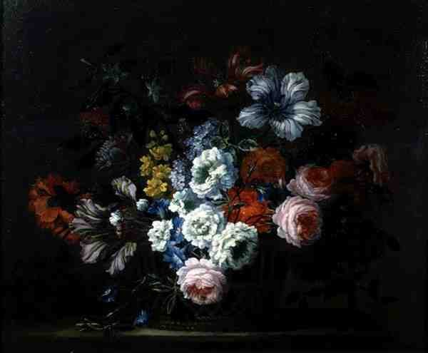 Stillleben von Rosen, Pfingstrosen, Tulpen und Prunkwinde in einem Korb von Pieter Casteels