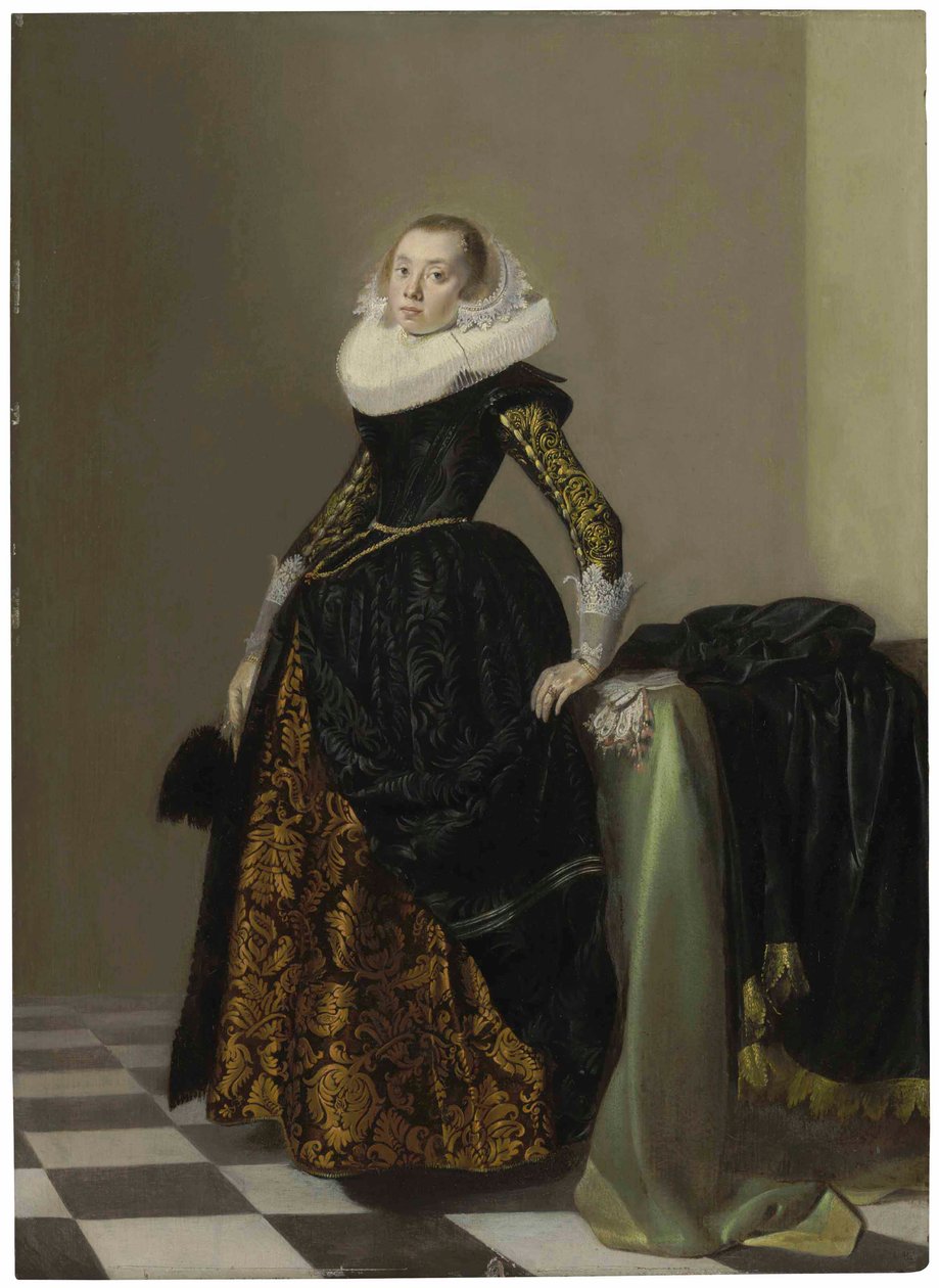 Porträt einer reich gekleideten jungen Dame, ganzfigurig, vor einem drapierten Tisch von Pieter Codde