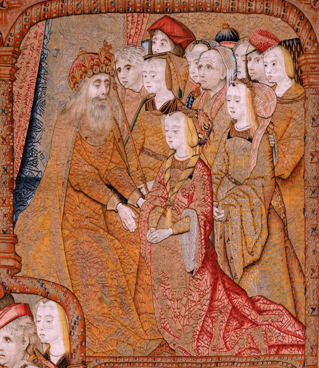 Flämischer Wandteppich. Serie Triumphe der Mutter oder Paños de Oro. Verkündigung. Zweiter Wandteppich der Serie. Modell Colin de Cooter (?). Herstellung Pieter van Aelst (oder van Edingen), Brüssel. Ca. 1500-1502. Stoff Gold, Silber, Seide und Wo von Pieter Coecke van Aelst