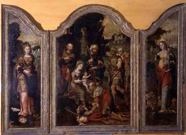 Triptychon, das die Anbetung der Heiligen Drei Könige und zwei Heilige darstellt von Pieter Coecke van Aelst