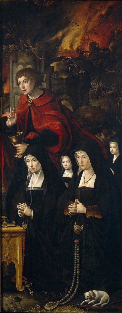 Heiliger Johannes der Evangelist mit zwei Frauen und zwei betenden Mädchen (rechtes Panel des Jüngsten Gerichts) von Pieter Coecke van Aelst
