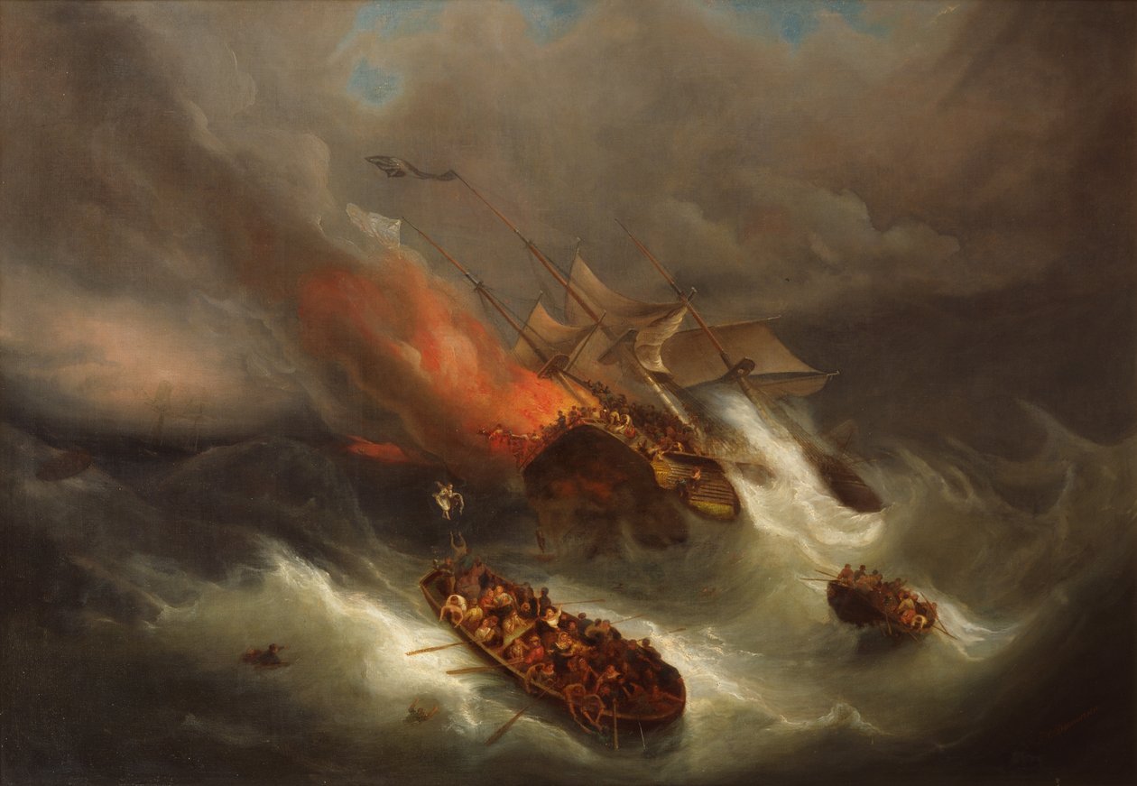 Vollständige Zerstörung des Handelsschiffs Kent durch Feuer von Pieter Cornelis Dommerson