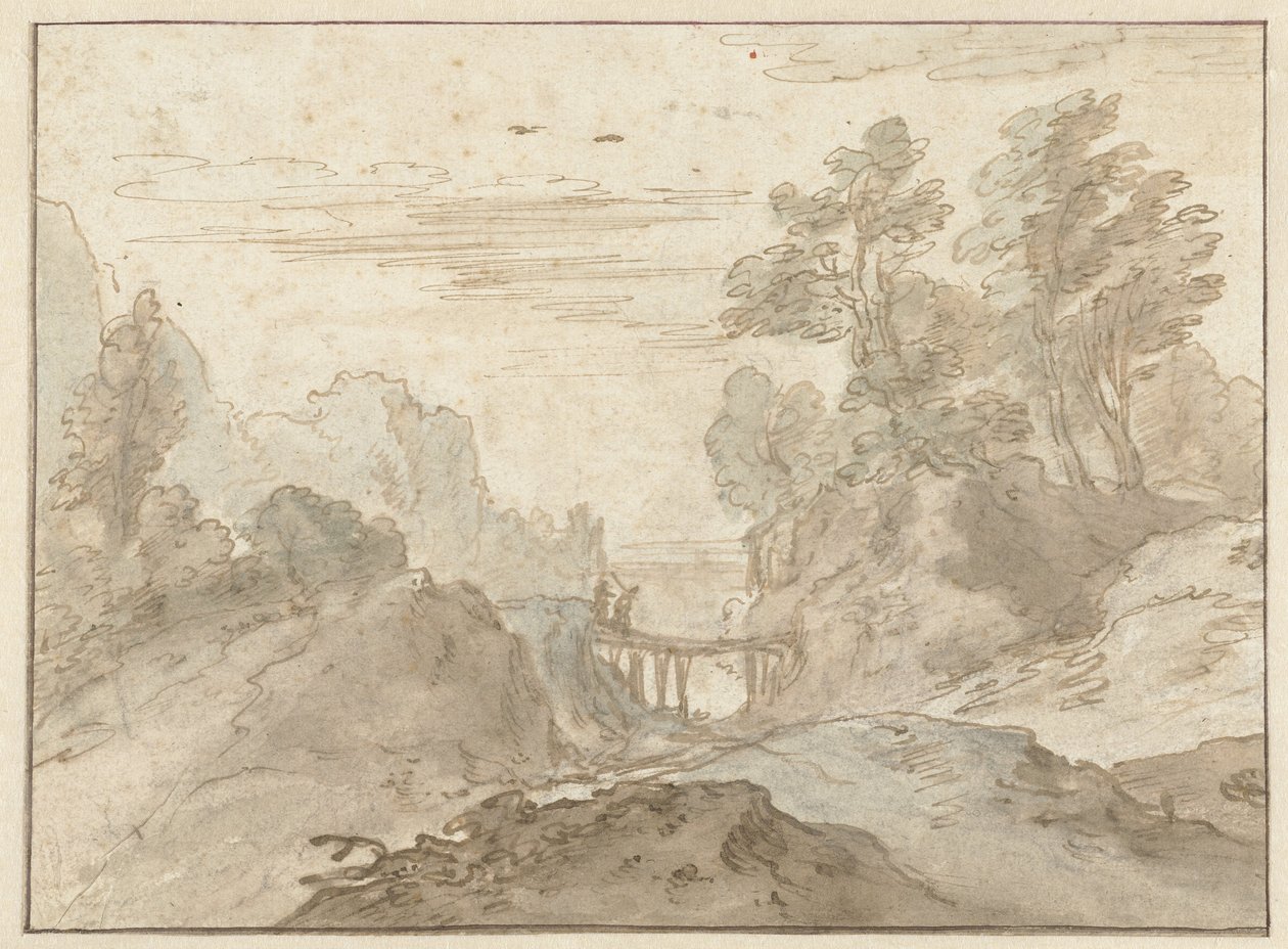 Berglandschaft mit zwei Figuren auf einer schmalen Brücke von Pieter Dircksz van Santvoort (possibly)
