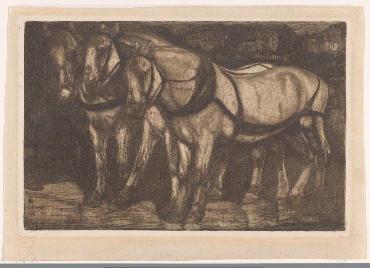 Drei Omnibuspferde auf einem Platz in Paris von Pieter Dupont (signed by artist)