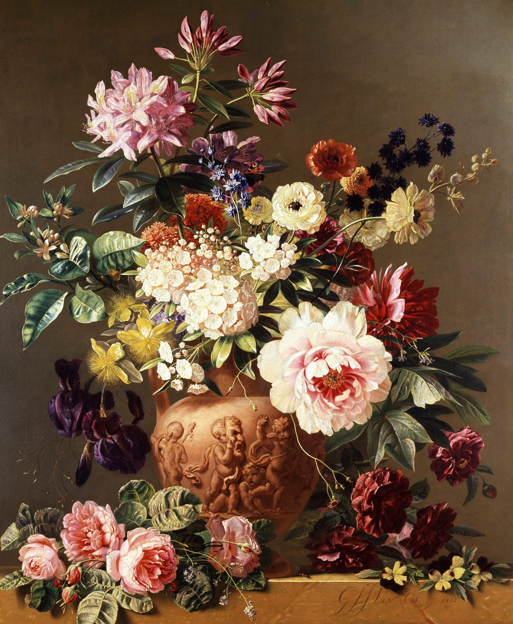 Stillleben mit Sommerblumen. Rosen, Pfingstrosen, Anemonen, Iris. Gemälde von Georgius Jacobus Johannes Os (1782-1861) Private Sammlung. von Pieter Gerardus van Os