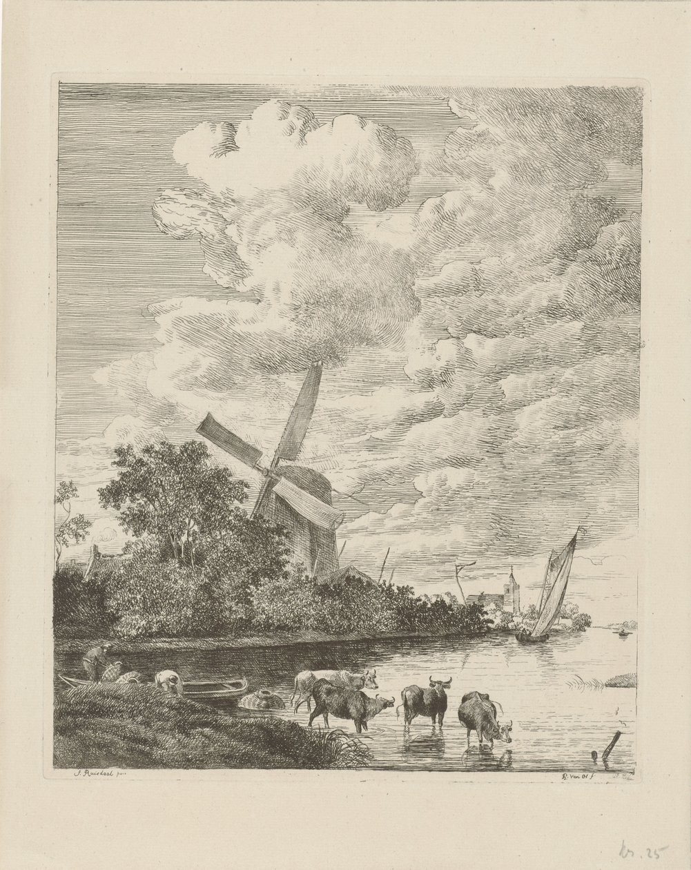 Flusslandschaft mit Mühle und Kühen im Wasser von Pieter Gerardus van Os