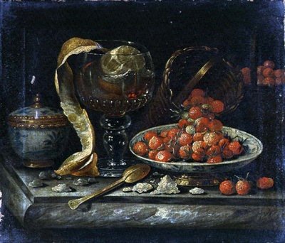 Stillleben mit chinesischer blau-weißer Schale und Deckel, Glas Roemer, Goldlöffel und Früchten von Pieter Gerritsz. van (manner of) Roestraten