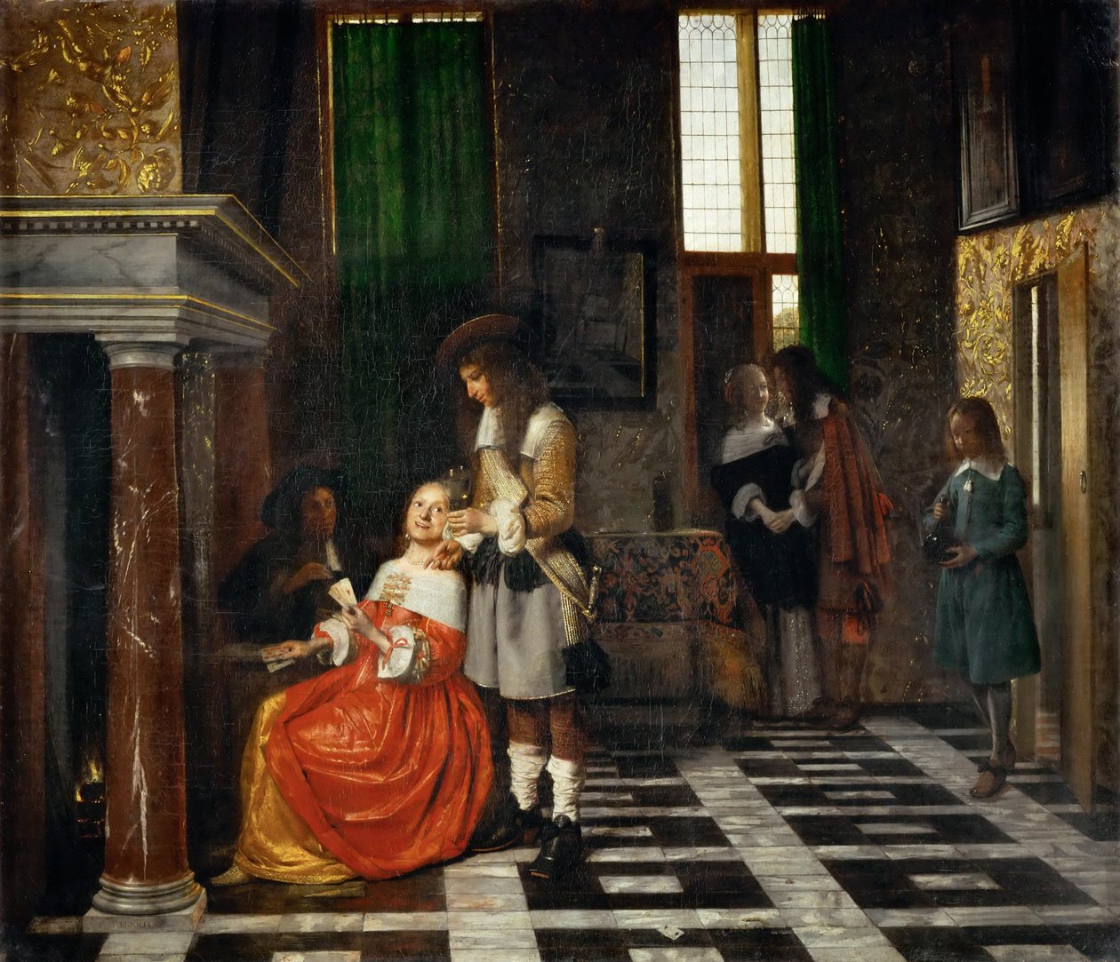 Kartenspieler in einem opulenten Innenraum von Pieter Hooch de