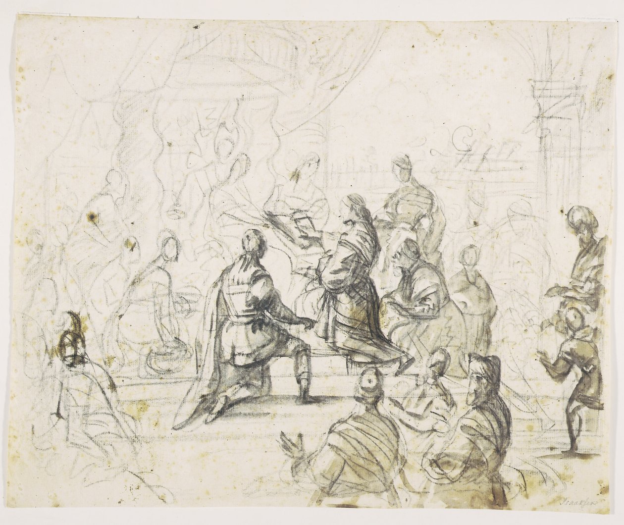 Figuren knien vor einem König auf dem Thron von Pieter Isaacsz