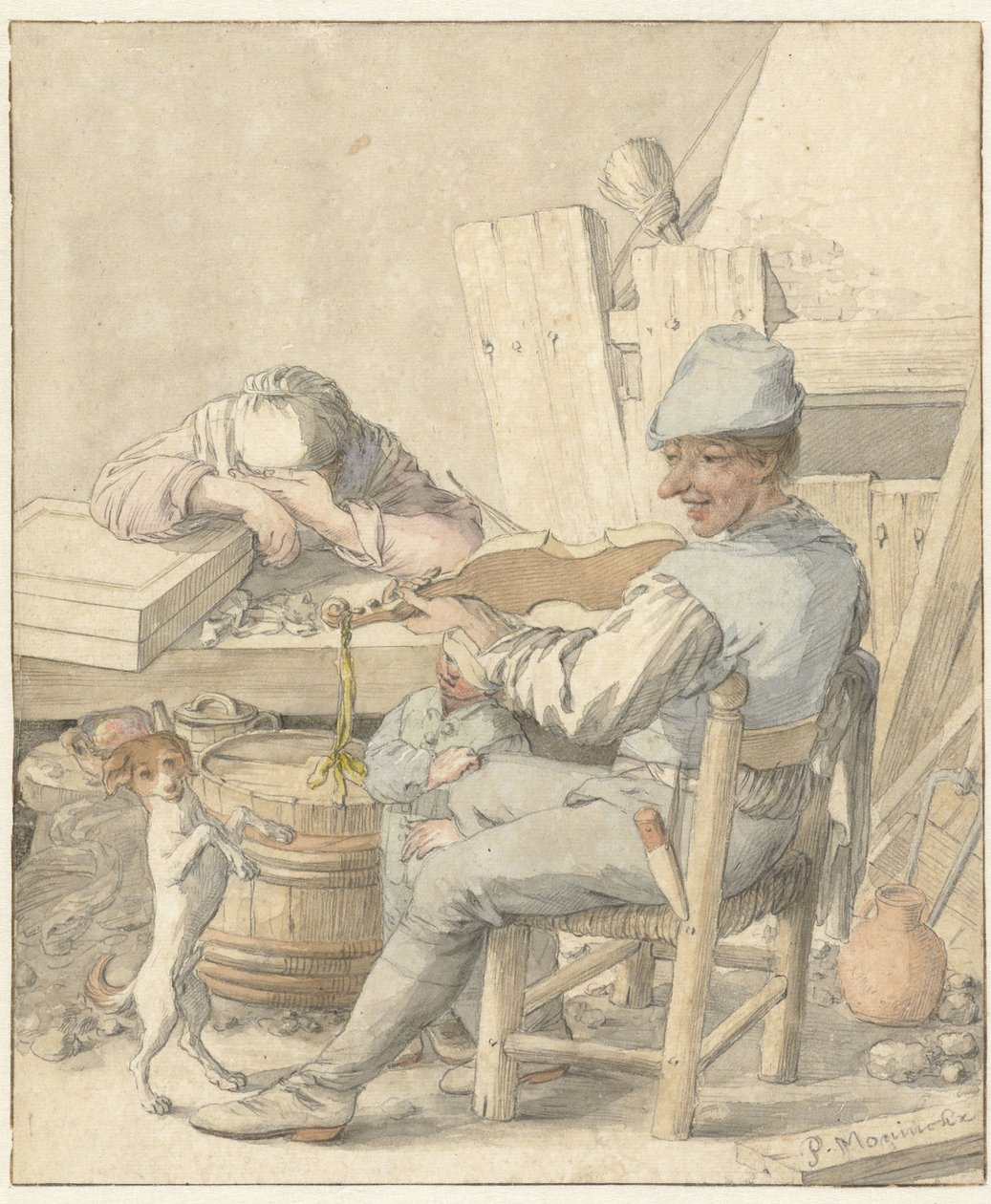 Interieur mit geigenden Mann, schlafender Frau und tanzendem Hund von Pieter Moninckx
