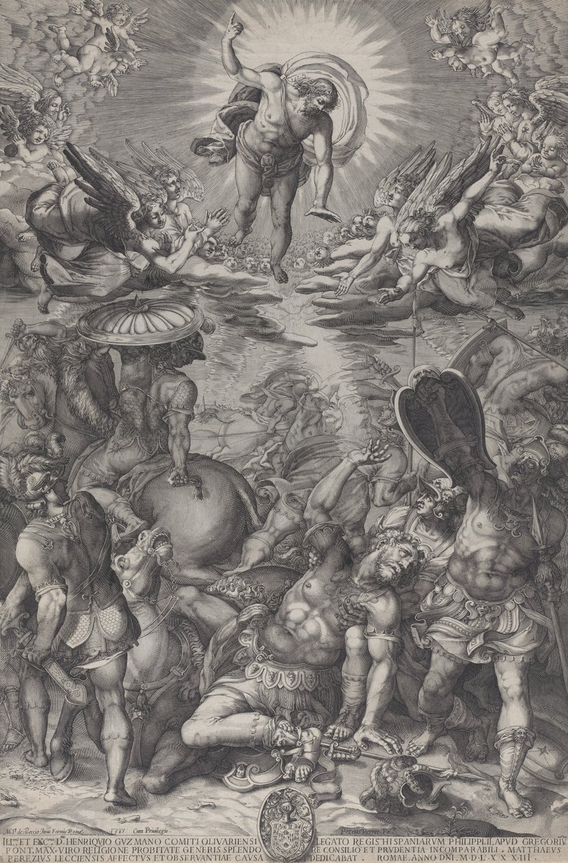 Die Bekehrung des Saulus, der auf dem Boden liegt, umgeben von Pferden und Soldaten, als Christus, 1583 von Pieter Perret