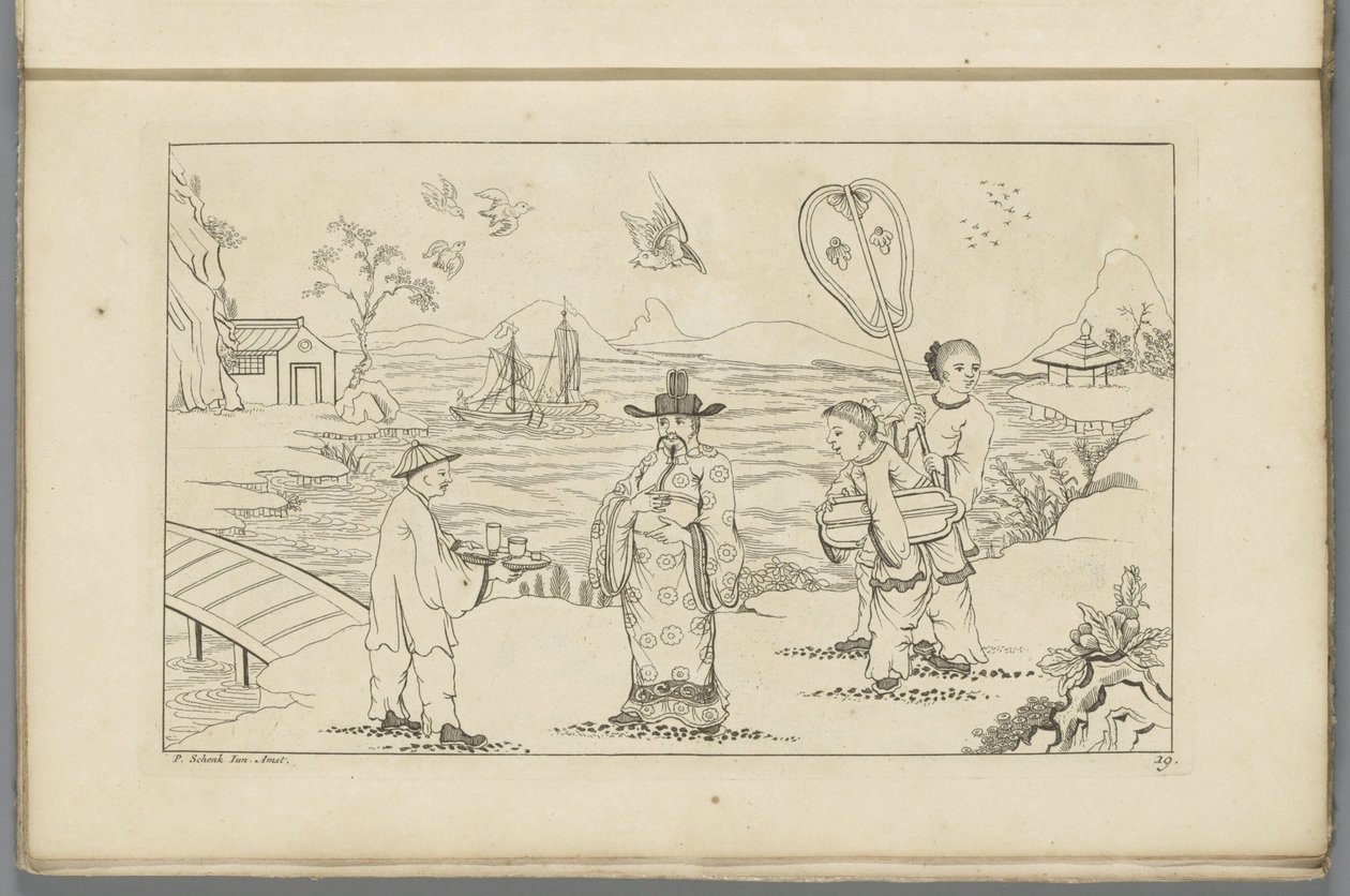 Chinesischer Herr empfängt Tee von einem Diener in einer Landschaft von Pieter Schenk (II)