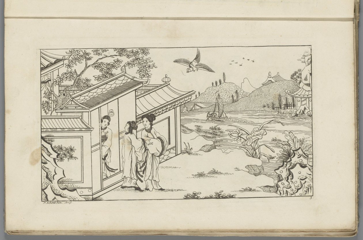 Landschaft mit drei chinesischen Frauen an der Türöffnung eines Hauses von Pieter Schenk (II)