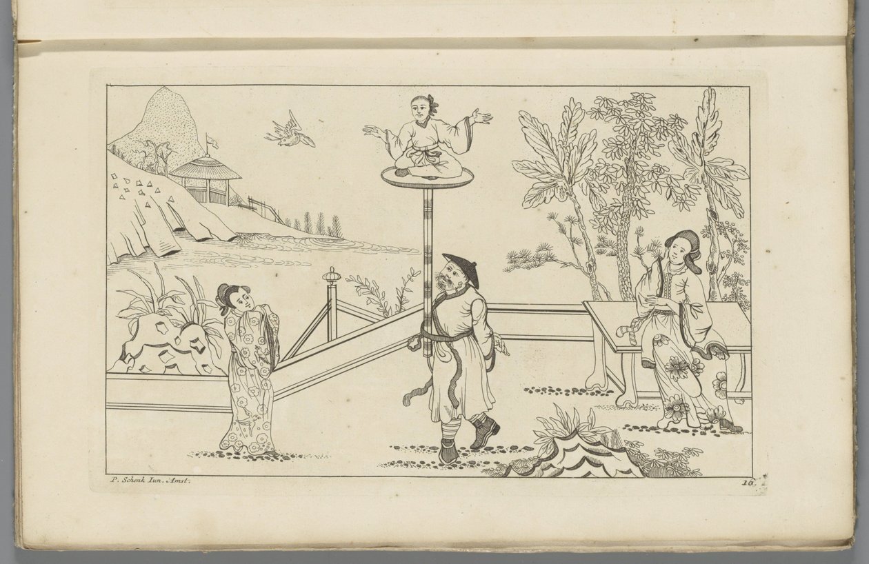 Landschaft mit Figur im Schneidersitz auf einem Podium von Pieter Schenk (II)