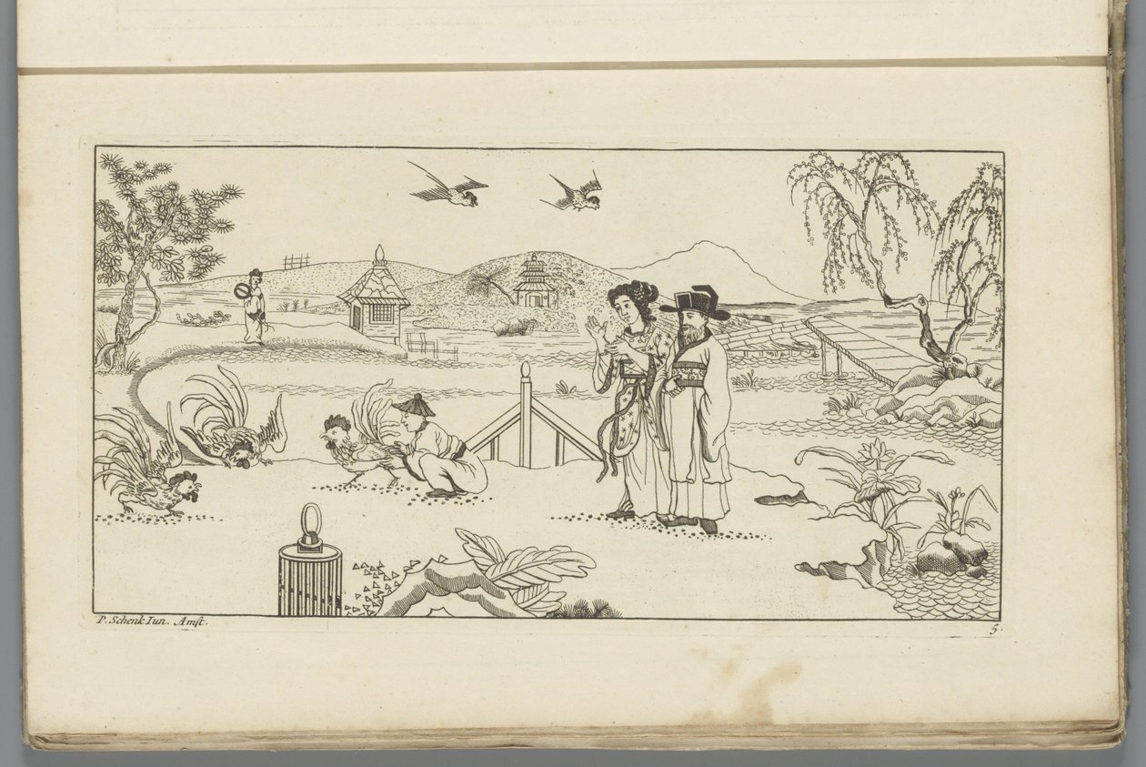Landschaft mit Zuschauern bei einem Hahnenkampf (Serie) von Pieter Schenk (II)