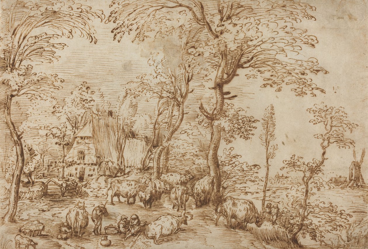 Bauern und Vieh in der Nähe eines Bauernhauses, ca. 1553-54 von Pieter Bruegel the Elder