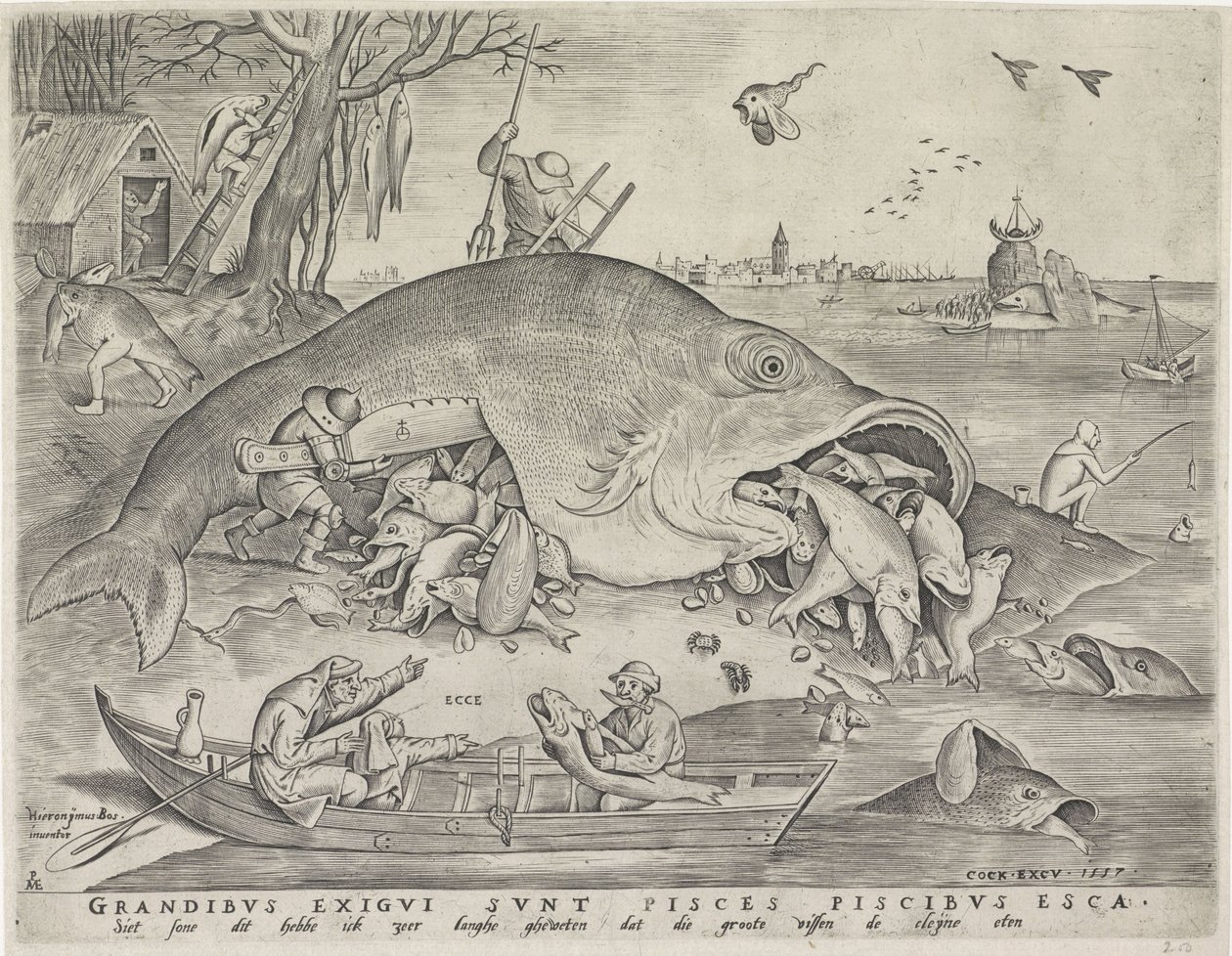 Große Fische fressen die kleinen Fische, graviert von Pieter van der Heyden von Pieter The Elder after Brueghel