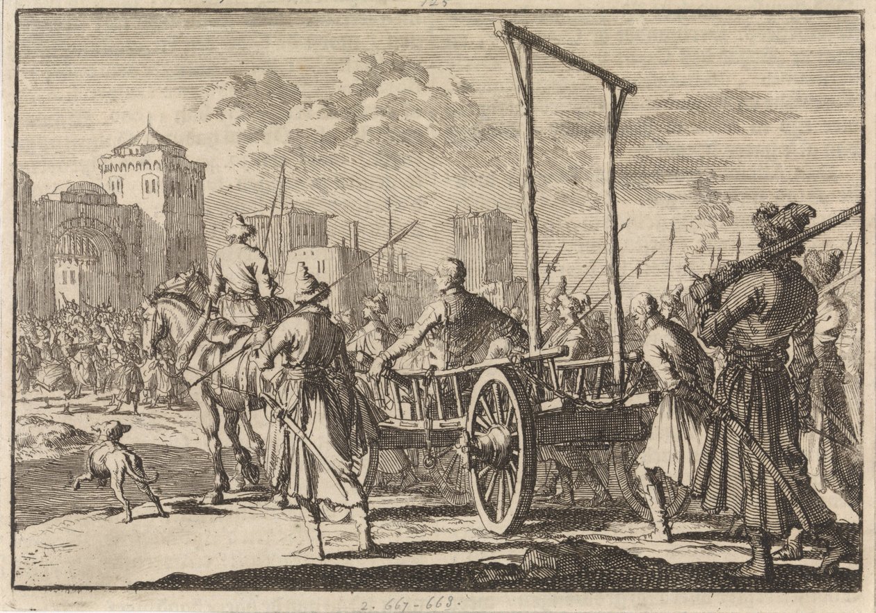 Ankunft von Stepan Razin und seinem Bruder Frol in einem Eisenkäfig in Moskau, 1671, 1698 von Pieter Van der Aa