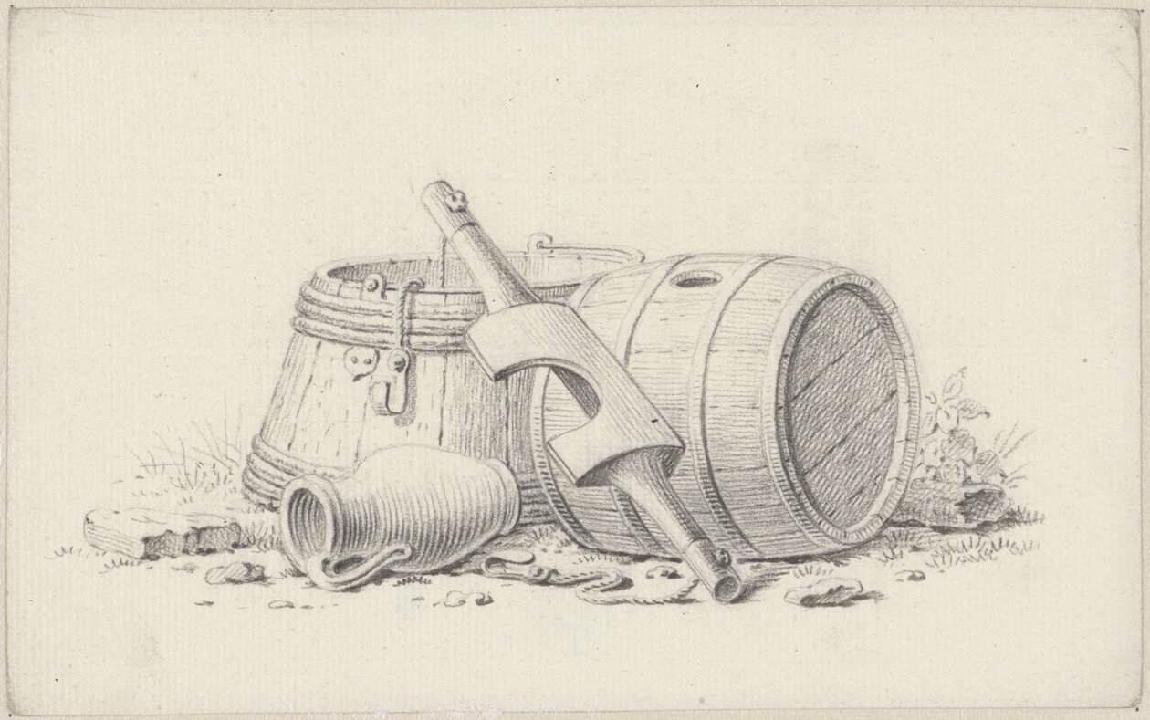 Stillleben mit Fässern, einem Joch und einem Krug von Pieter de Goeje