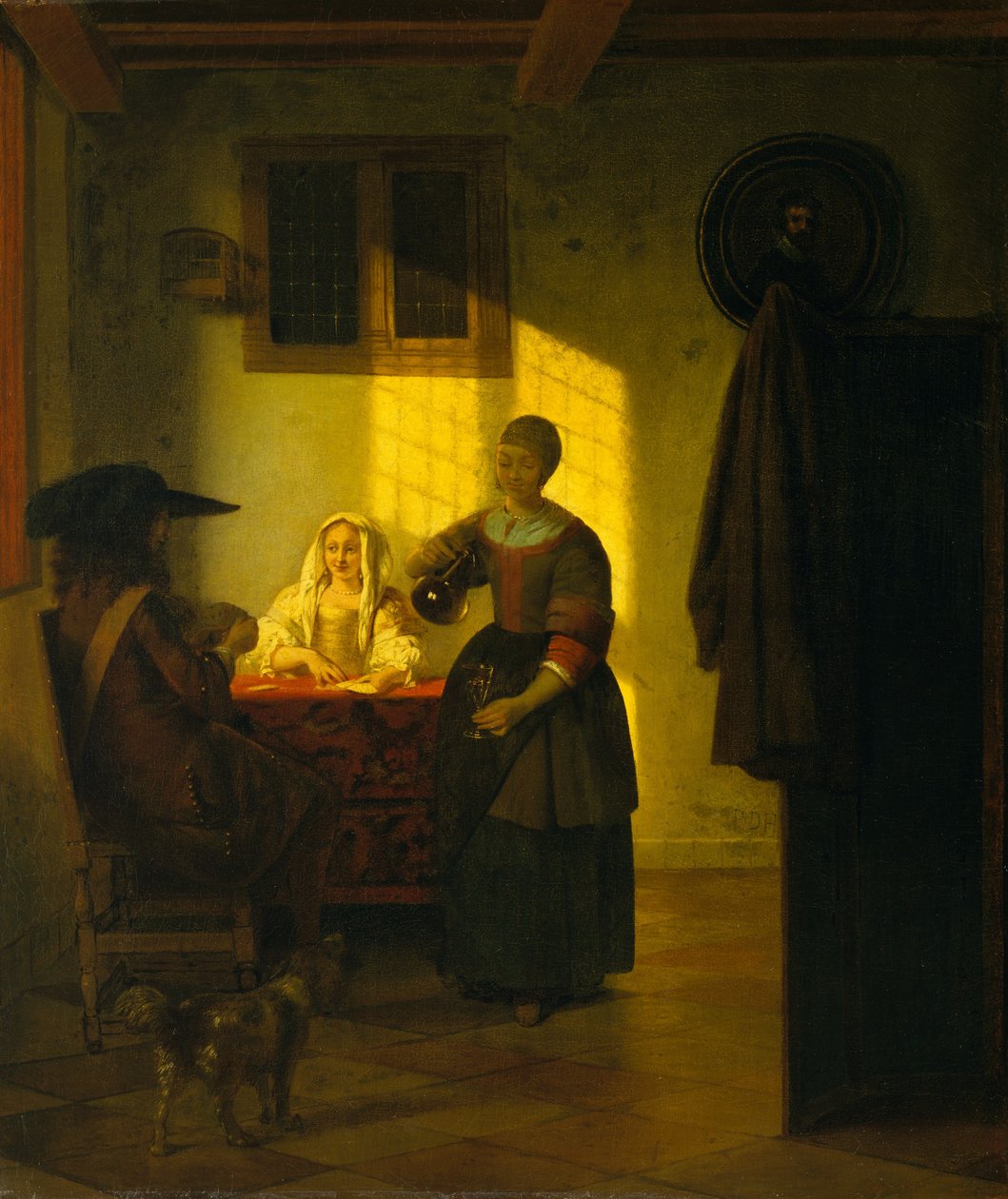 Ein Paar spielt Karten, mit einer Dienerin, ca. 1665-75 von Pieter de Hooch