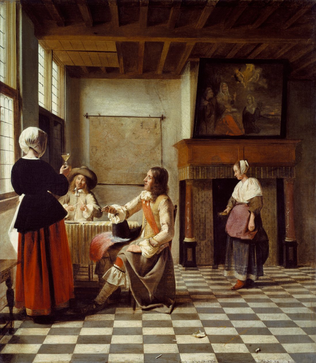 Ein Innenraum, mit einer Frau, die mit zwei Männern trinkt, und einer Dienstmagd von Pieter de Hooch