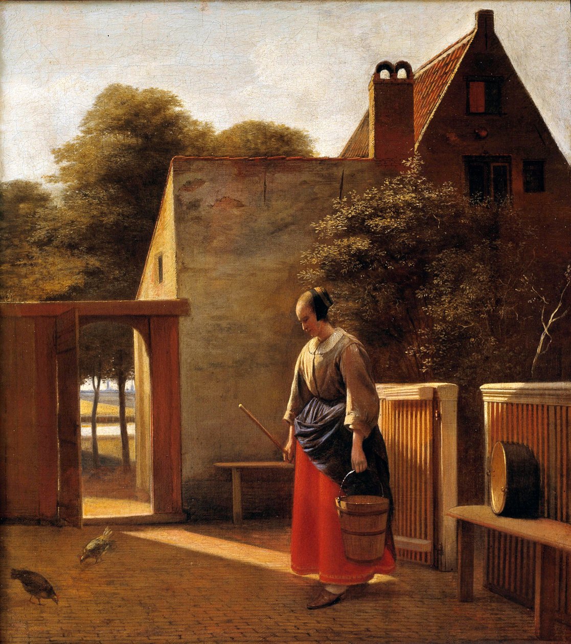 Das Dienstmädchen im Hof einer niederländischen Stadt. Gemälde von Pieter de Hooch (1629-1681) 17. Jahrhundert. Private Sammlung von Pieter de Hooch