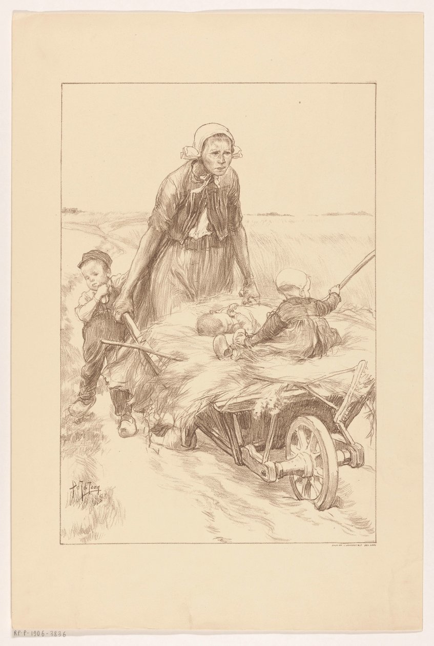 Bäuerin, die eine Schubkarre mit Heu und zwei Kindern schiebt von Pieter de Josselin