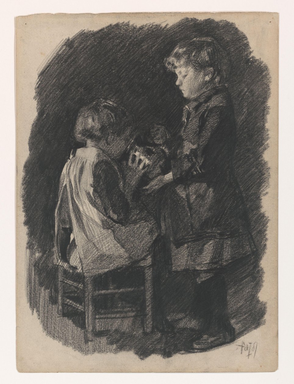 Ein kleines Mädchen lässt eine Schwester aus einer Kanne Milch trinken von Pieter de Josselin