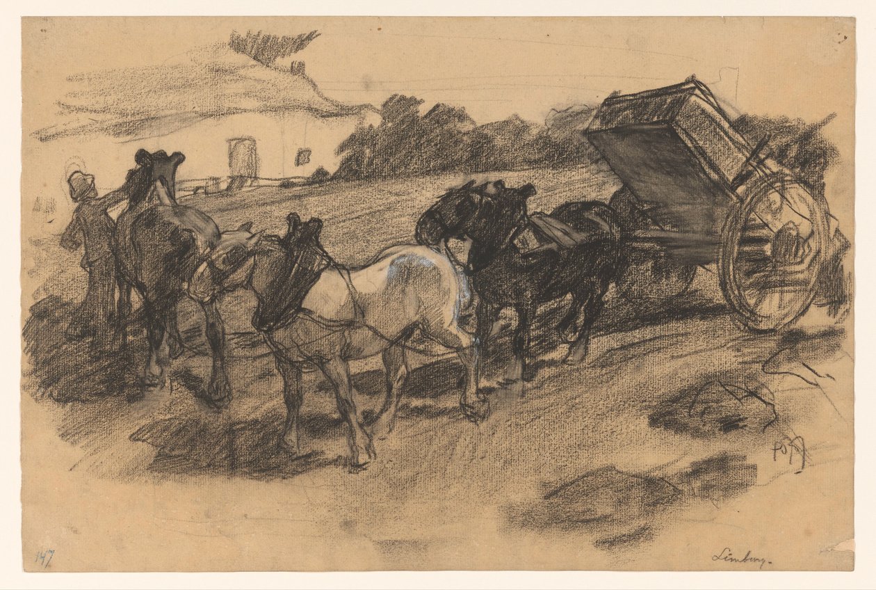Drei Pferde vor einem Wagen auf einem abfallenden Ackerland in Limburg von Pieter de Josselin