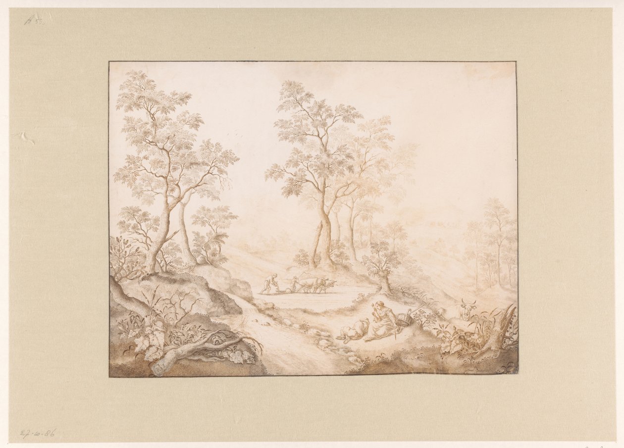Baumreiche Landschaft mit Frau, Mann und einem Bauern von Pieter de Porck