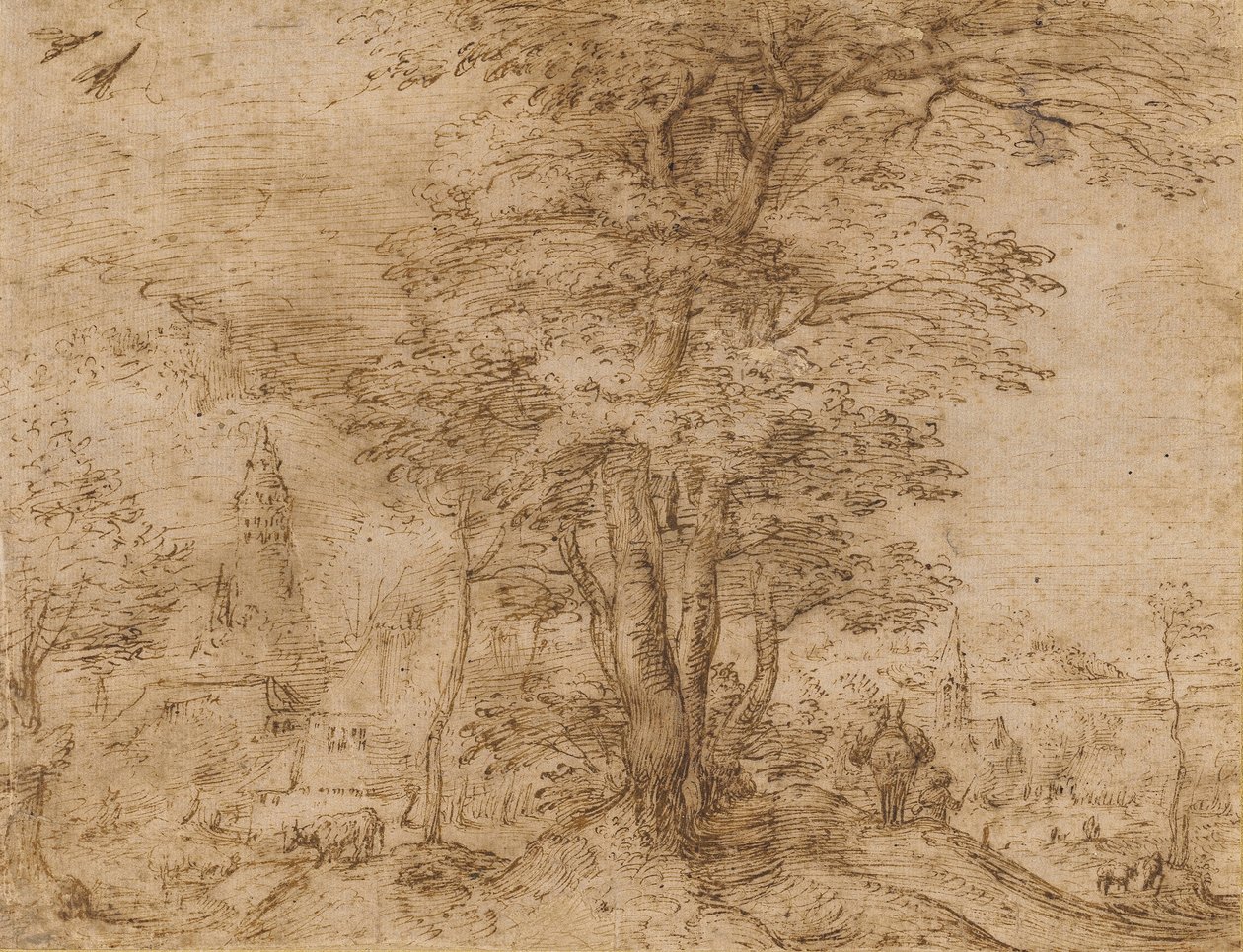 Ein Dorf mit einer Baumgruppe und einem Maultier, ca. 1552-54 von Pieter Bruegel the Elder