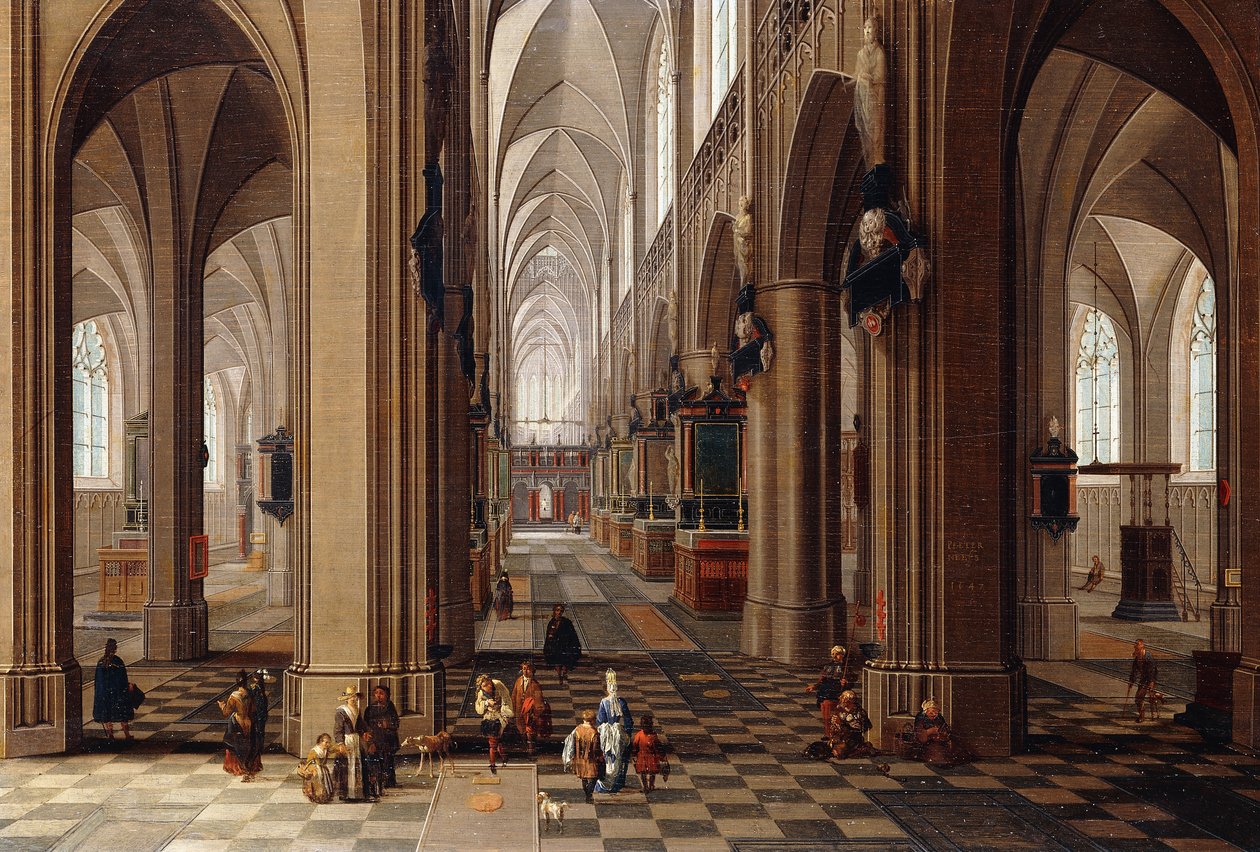 Das Innere einer gotischen Kathedrale mit Stadtbewohnern und Pilgern, 1647 von Pieter the Elder Neeffs