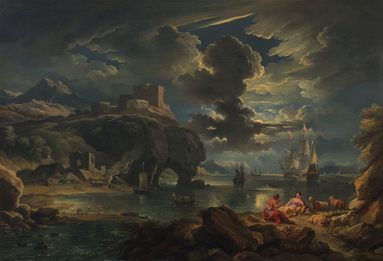 Eine mediterrane mondbeschienene Küstenlandschaft, ca. 1700-01 von Pieter the Younger Mulier