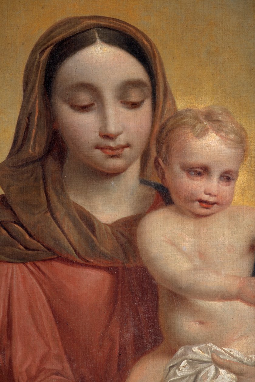 Innenansicht, Gemälde "Unsere Liebe Frau mit Kind mit Rosenkranz", Altarbild am Hauptaltar von P. Van Hanselaere von Pieter van Hanselaere