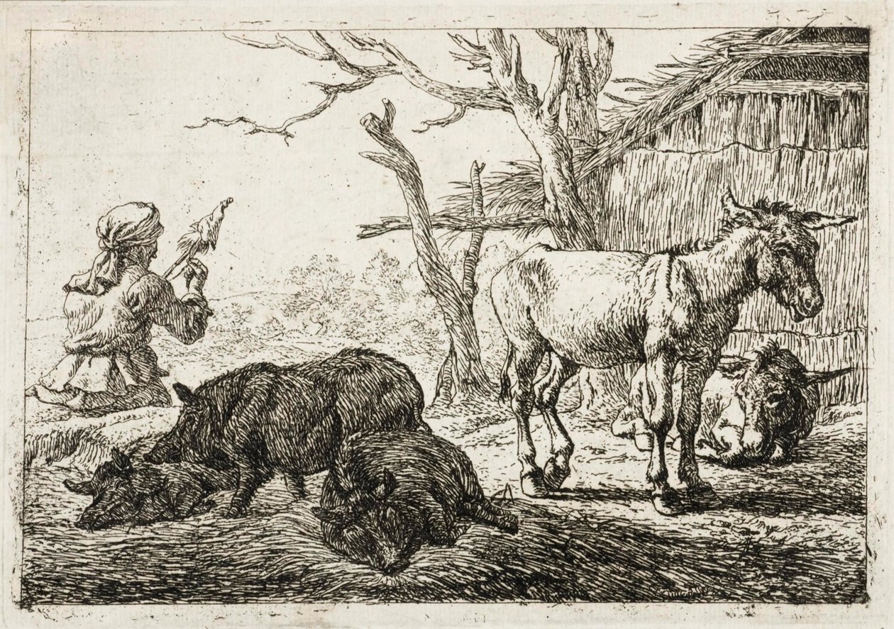 Schweine und Esel in einem Stall, links eine Spinnerin von Pieter van Laer