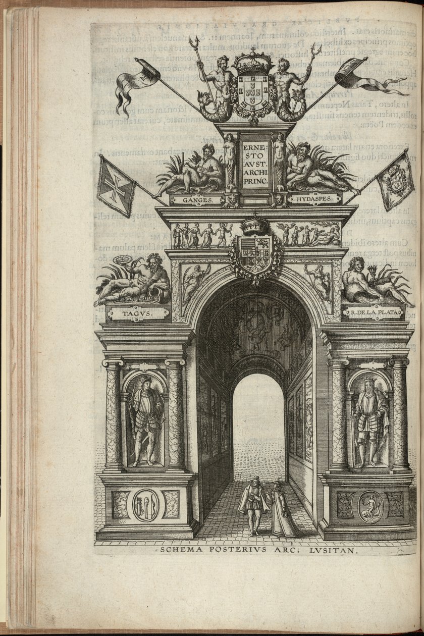 Flüsse Tagus, Plata, Ganges und Hydaspes. Die Rückseite des portugiesischen Triumphbogens, Einzug von Ernst, Erzherzog von Österreich, in Antwerpen, veröffentlicht 1595 (Gravur) von Pieter van der Borcht