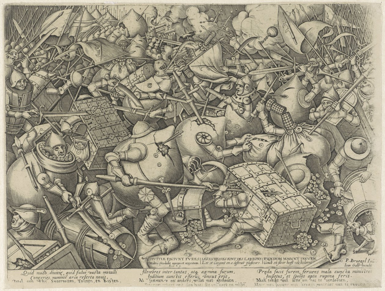 Kampf zwischen Geldsäcken und Geldkisten (Divitiae faciunt fures / Les Richesses font des larrons / Ryckdom maeckt dieven) von Pieter van der Heyden