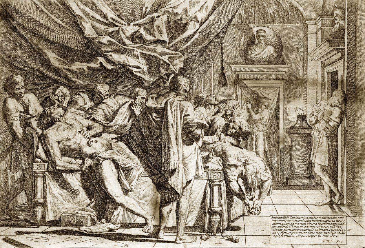Der Tod von Cato dem Älteren (Marcus Porcius Cato) oder Cato dem Zensor (234-149 v. Chr.) von Pietro Testa 1648 - Der Tod von Cato - 1648, von Pietro Testa (1612-1650 v. Chr.), Radierung von Pietro Testa