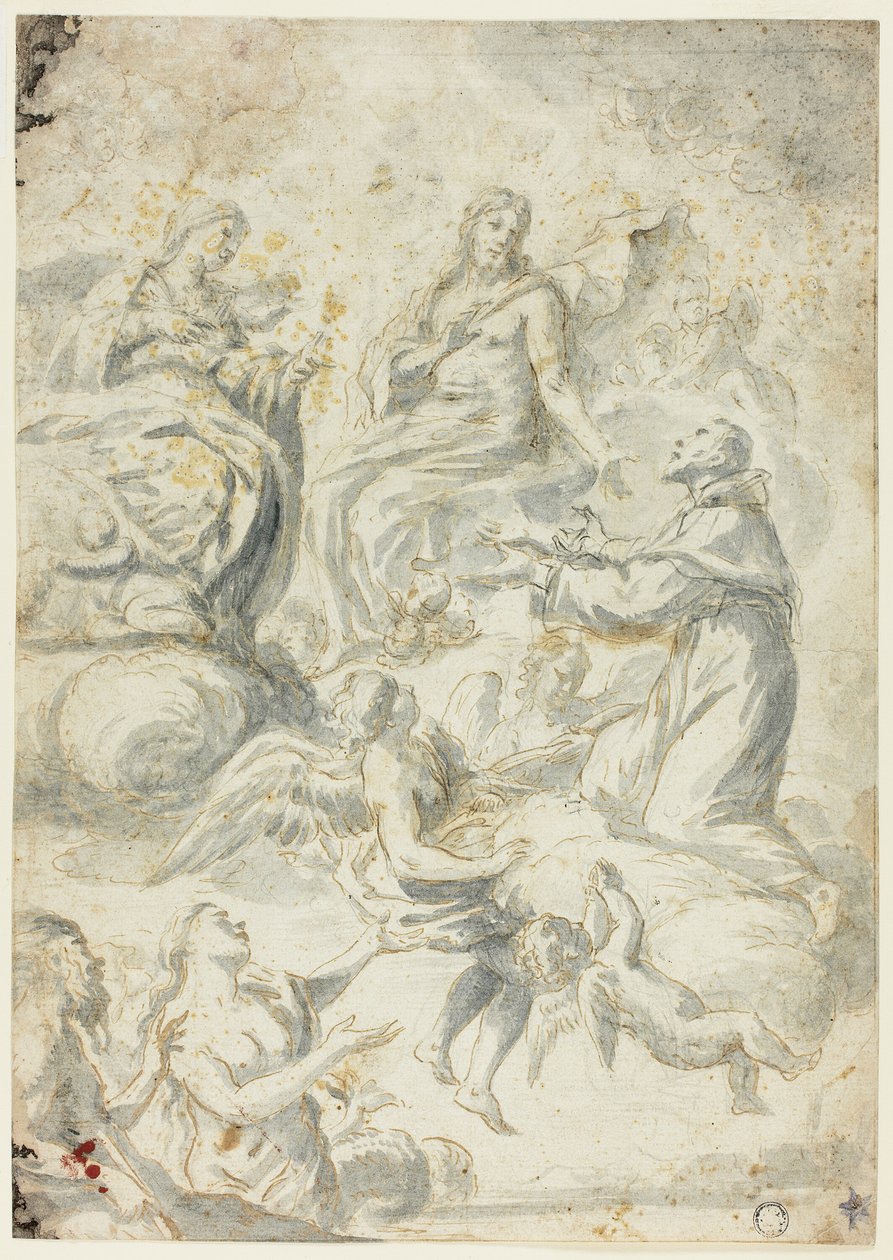 Der heilige Nikolaus von Tolentino bittet Christus und Madonna um Fürsprache für Seelen im Limbus von Pietro Antonio Novelli