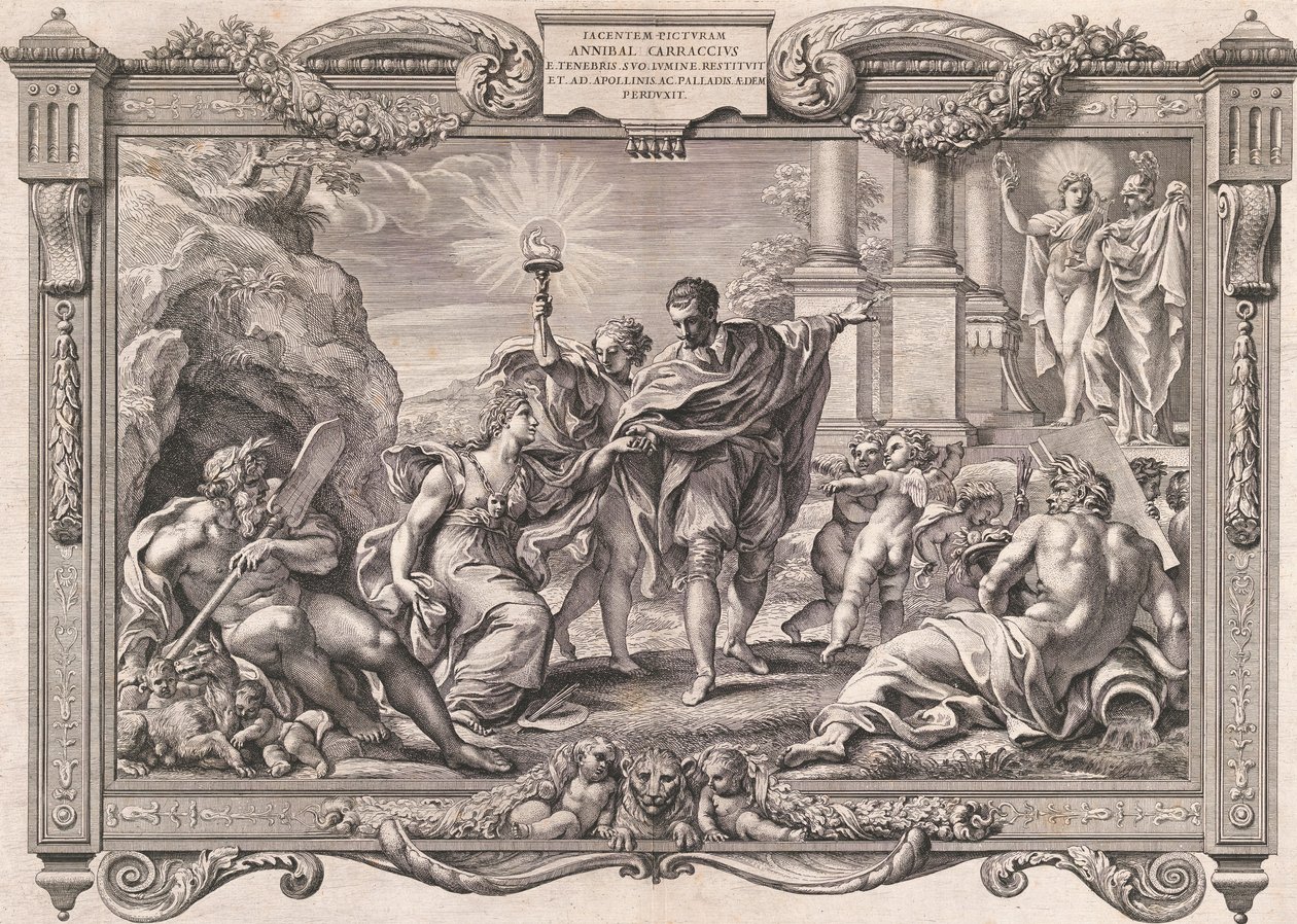 Annibale Carracci stellt Apollo und Minerva die Malerei vor, 1674 von Pietro Aquila