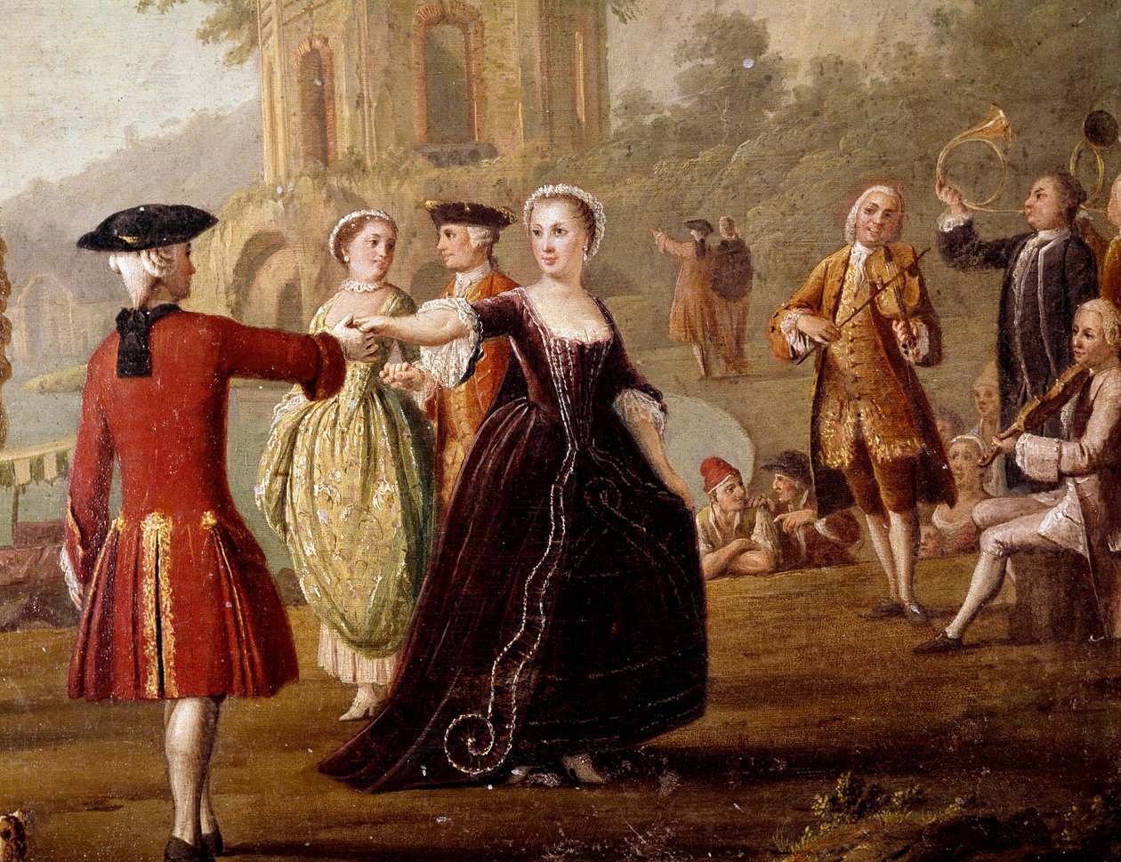 Adliger Tanz und Festszene in Neapel. Tänzer in einem Park. Gemälde von Pietro Fabris, 18. Jahrhundert. Neapel, Museo Nazionale di San Martino von Pietro Fabris