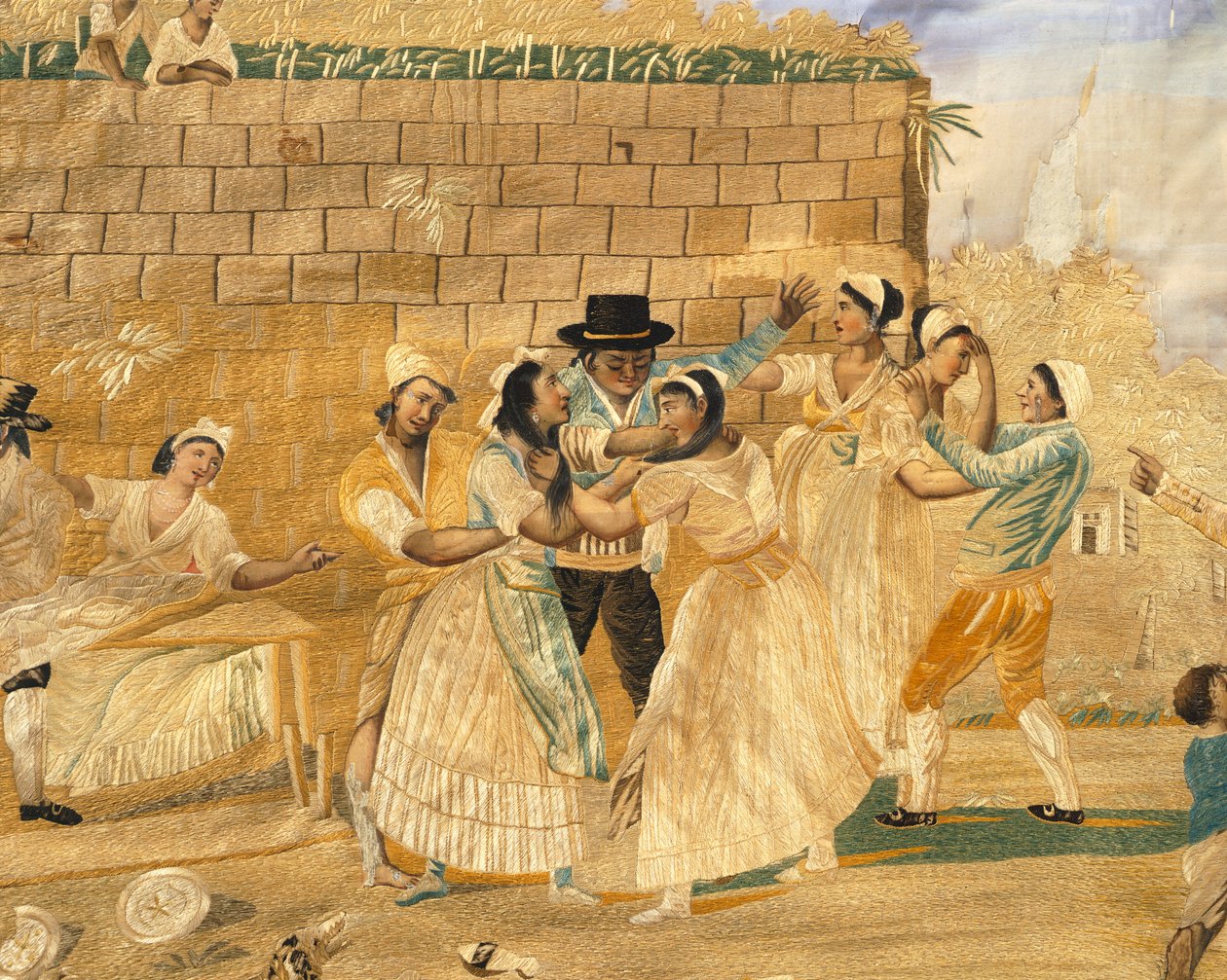 Der besitzergreifende Neapolitaner, Kampfszene, Stickerei auf Seide nach einem Stich von Pietro Fabris, Italien von Pietro Fabris