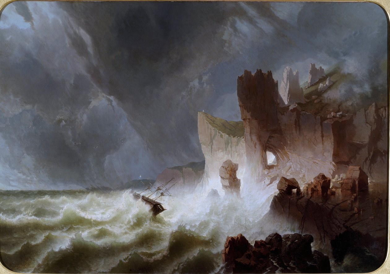 Einsame Küste Meereslandschaft mit Schiff im Sturm und an den Klippen zerschellt von Pietro Giuria