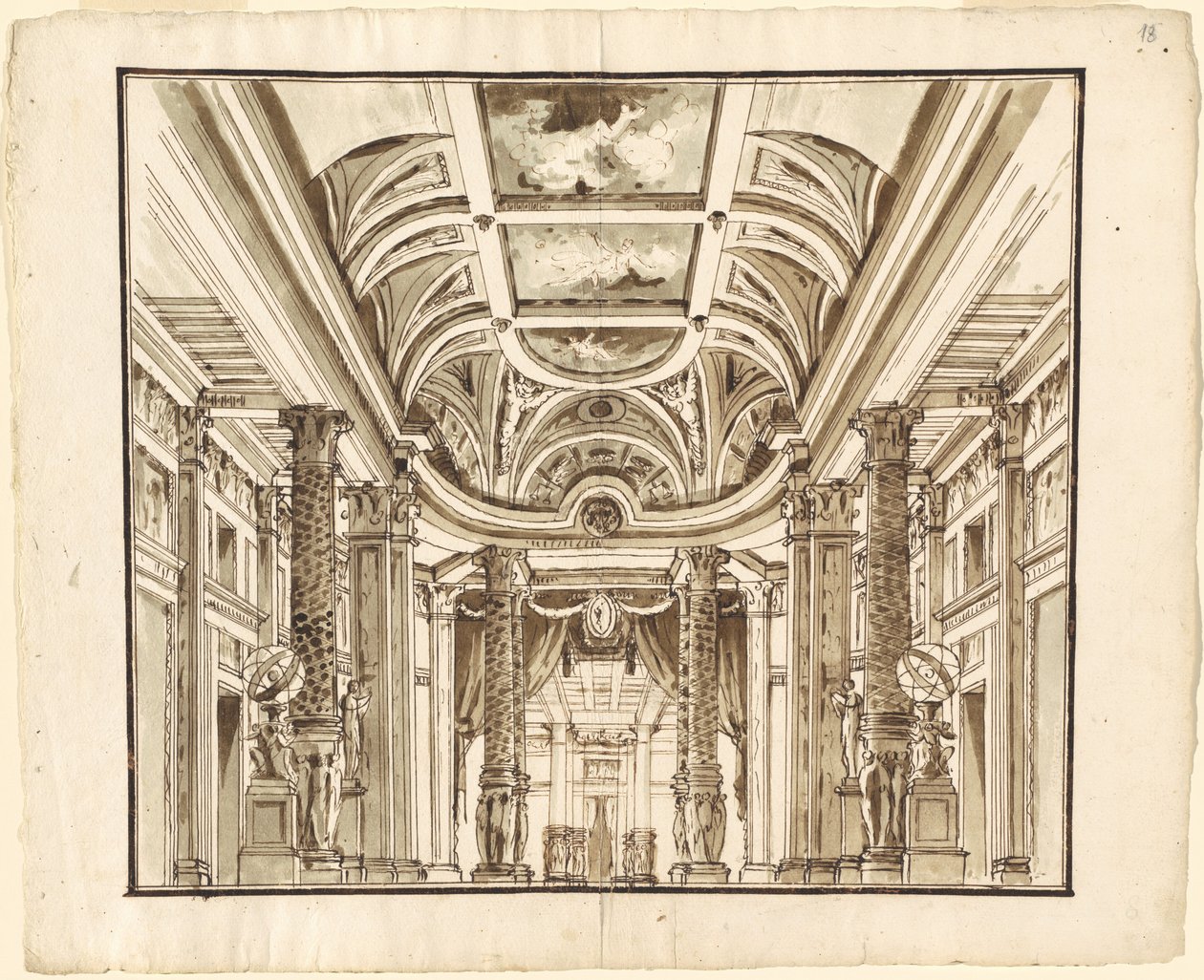 Fantasie einer großen Halle mit Korbgeflecht-Säulen von Pietro Gonzaga