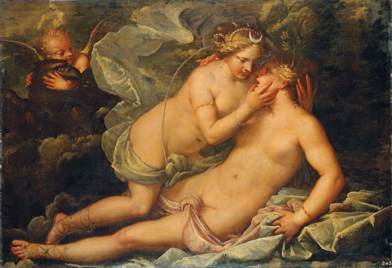 Jupiter in der Gestalt von Diana und die Nymphe Kallisto von Pietro Liberi