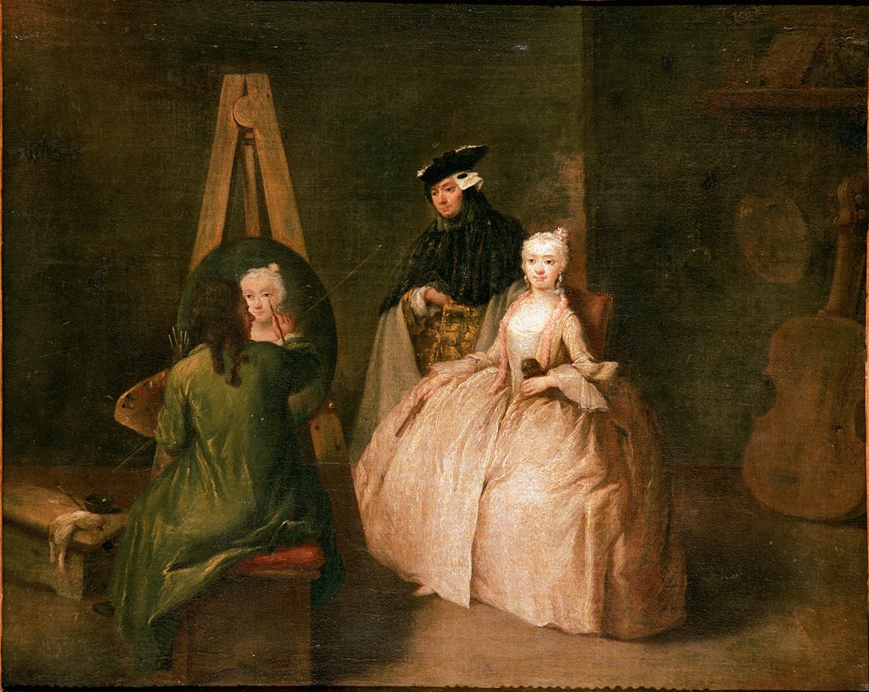 Das Atelier des Malers. Der Maler vor seiner Staffelei porträtiert eine junge Frau. Gemälde von Pietro Longhi (1702-1785) 1740-1745 von Pietro Longhi